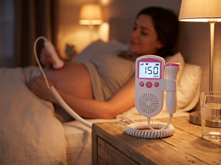 The doppler on a nightstand with its screen lit