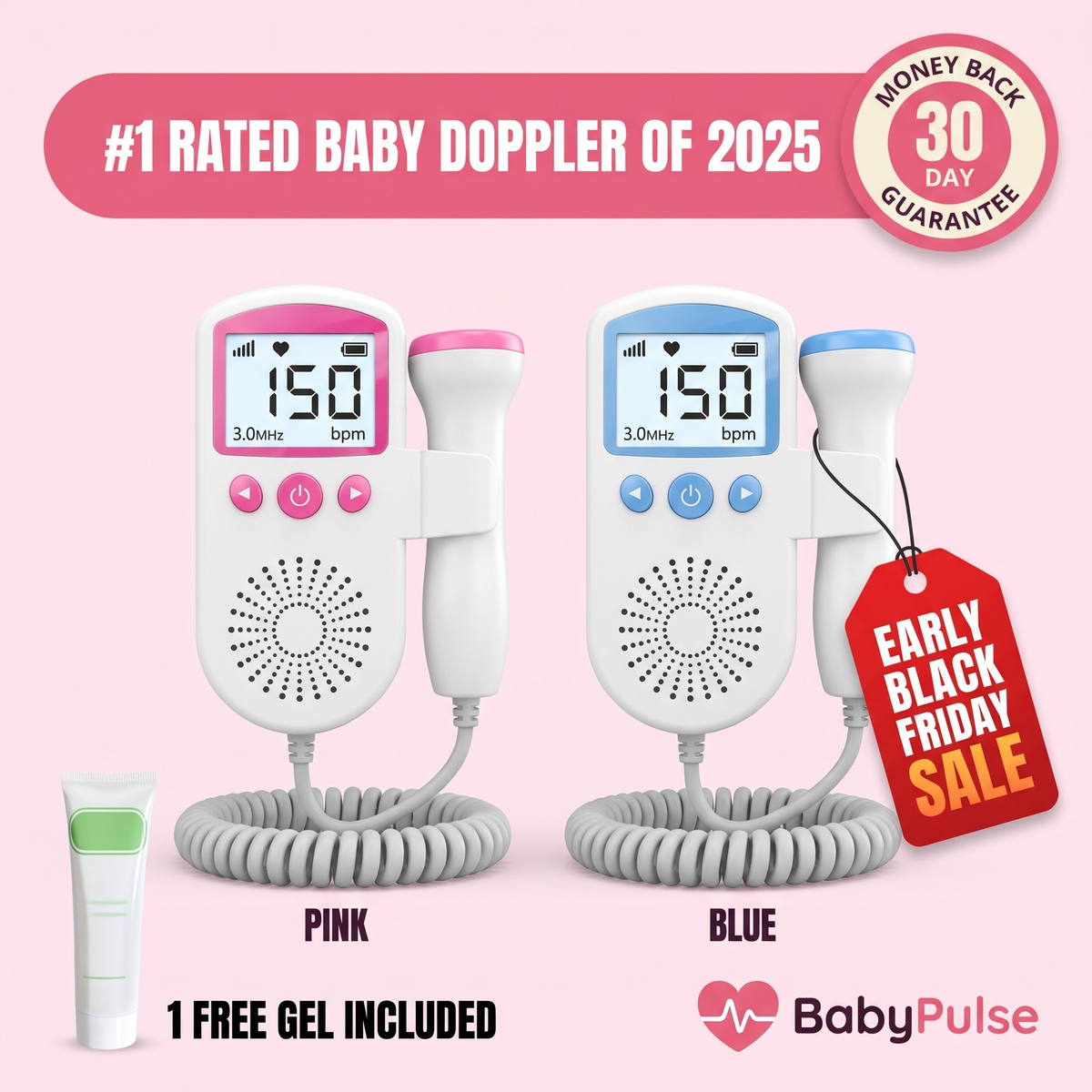 BabyPulse home fetal doppler in pink and blue with gel included