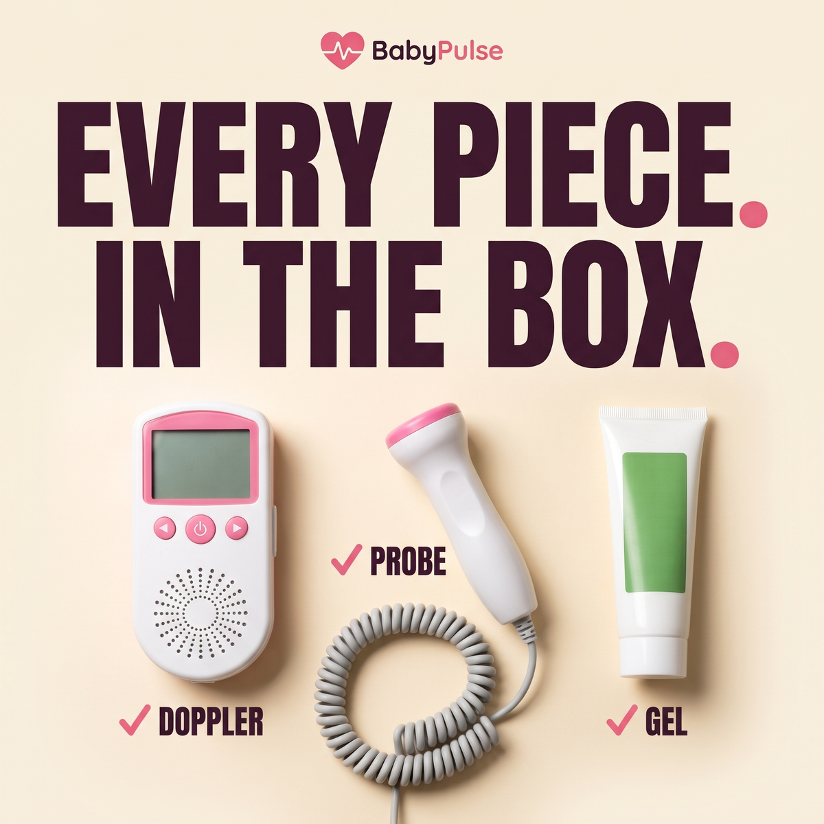 Every piece in the box: doppler, probe and gel